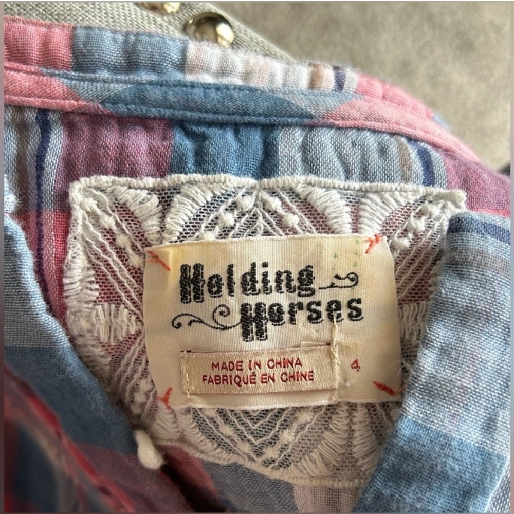 Anthropologie Holding Horses High Low Pink Blue Plaid Tunic Top Western Size 4 - Picture 5 of 16